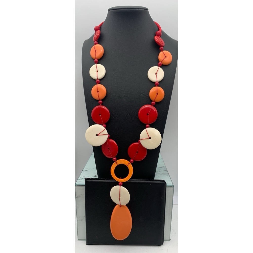Chico's Red & Orange Disc Y Drop Statement Over The Head Adjustable Necklace